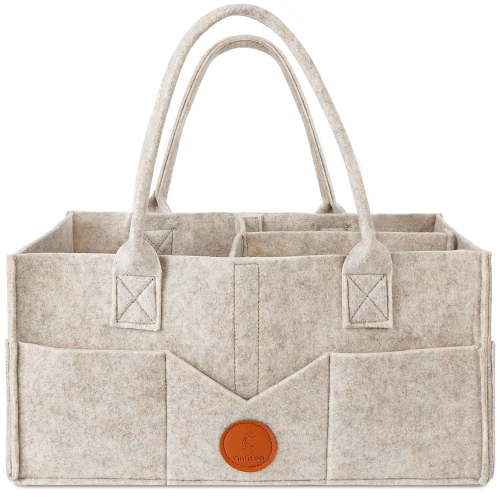 Diaper Caddy Organizer for Baby,Diaper Holder Organizer for Changing Table, Nursery Storage Bin Basket with Handle, 15" x 9" x 7" Felt Diaper Organizer Suitable for Indoor Outdoor (Khaki)