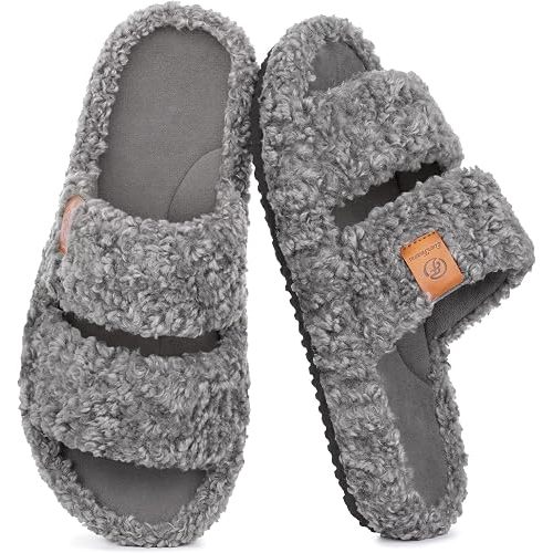 EverFoams Womens Fuzzy Open-toe Slippers Memory Foam Indoor House Shoes | machine-washable,gifts,memory foam,anti-slip sole,lightweight,indoor and outdoor,cozy