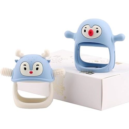 Smily Mia 2 Packs Baby Teething Toy for 0-6 6-12 Months, Food Grade Silicone Teething Mitten, Anti Dropping Wrist Hand Teethers Baby Chew Toys for Sucking&Chewing, BPA Free, Light Blue