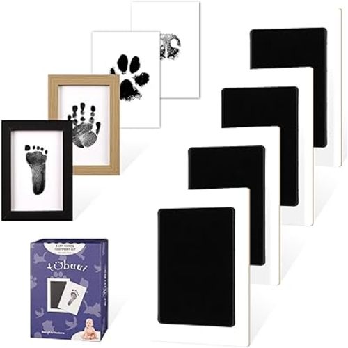 4 Park Baby Footprint Kit with 2 Wooden Frame, No Mess Inkless Hand and Footprint Kit, Clean-Touch Ink Pads for Fingerprint Stamps, Paw Print Kit for Dogs Cats, Baby Shower Gifts Keepsake for New Mom