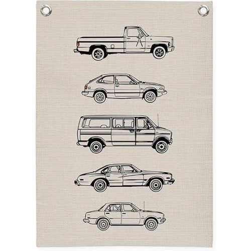 Toddler Boy Room Decor, Vintage Car Linen Canvas Banner, Retro Car Room Decor Wall Hanging Flag Banner for Kids Bedroom Playroom Nursery 18x25 Inch