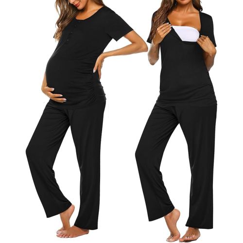 Ekouaer Women's Maternity Nursing Pajamas Sets Breastfeeding Printed Sleepwear Short Sleeve 2 Pcs Henley Top and Pants Set