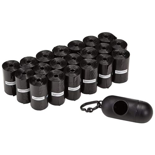 Amazon Basics Dog Poop Leak Proof Bags with Dispenser and Leash Clip, Unscented, 300 Count, 20 Pack of 15, Black, 13 x 9 Inch