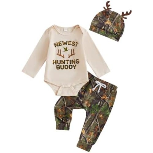 Newborn Baby Boy Hunting Outfit Deer Antler Letter Print Long Sleeve Romper and Pants +Hat 3pc Clothes