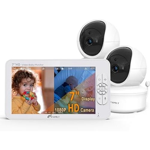 7" Large Split Baby Monitor with 2 HD Cameras and Audio, 1080P HD Video Baby Monitor No WiFi, 30hr Battery,Hack Proof, Remote Control,VOX Mode, Auto Night Vision, Built in Lullabies n White Noise