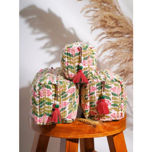 Quilted Toiletry Bags, Quilted Cosmetic Bags Set, Set Of 3 Makeup Bags, Block Printed, Madagascar Periwinkle - Vanilla ~14 designs available