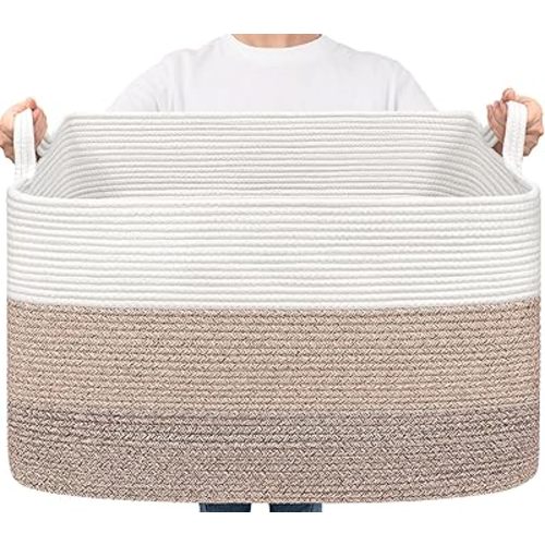 Goodpick Large Woven Blanket Basket 23.6" x 15.7" x 13.8" Cotton Rope Storage Organizer for Dirty Clothes Pillows, Soft Toy Storage Basket for Nursery Home Decor, White & Light Brown