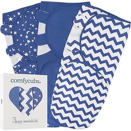 Comfy Cubs Easy Swaddle Blanket, 3 Pack - 100% Cotton Newborn Wrap, Small for 0-3 Months Infants, with Adjustable Velcro, Breathable and Durable Sleep Sack for Babies - Dark Blue