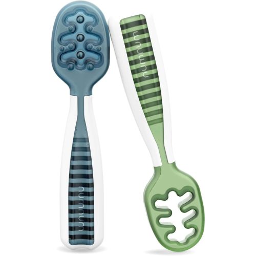 NumNum Baby Spoons Set, Baby Essentials Pre-Spoon GOOtensils for 6+ Months, First Stage Self-Feeding Spoons for Baby Led Weaning (BLW), Silicone Toddler Utensils, BPA-Free, 2 Pack Blue/Green