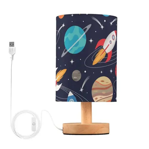 Bedside Lamp Space Cute Rockets Planets Table Lamp for Bedroom LED Nightstand Lamp Shade USB Ports Wood Base for Living Room Dorm Office