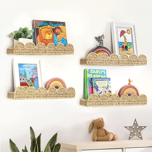 AELS Scalloped Nursery Bookshelf, Set of 4, Picture Ledge Shelf for Wall Decor, Woven Straw Paper Floating Shelves for Books, Toys, Photo Frames, Nursery, Boho Modern Farmhouse Book Shelf