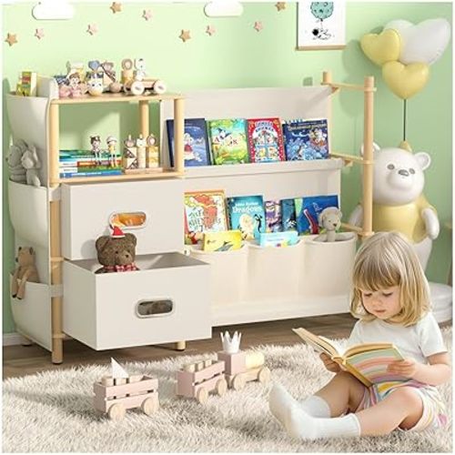 100% Natural Bamboo Kids Montessori Bookshelf with Storage,3 Tier Baby Book Shelf Toy Organizer with Bins and Side Sling Bookcase,Children Book Rack for Nursery,Living Room,Bedroom,Playroom Decor