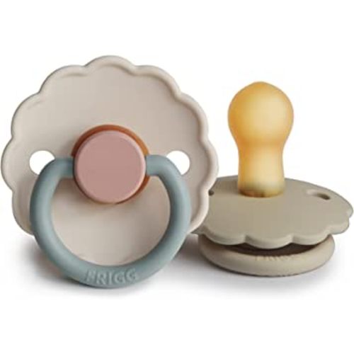 FRIGG Daisy Natural Rubber Baby Pacifier | Made in Denmark | BPA-Free (Cotton Candy/Sandstone, 0-6 Months) 2-Pack