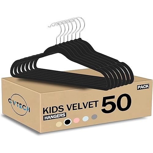 Kids Hangers Velvet, [50 Pack] Children Cloth Durable Baby Hangers for Closet - Perfect Infant Toddler Kid Hanger for Everyday Use, Non Slip 360° Hooks for Shirt, Pant, Dress (Black)