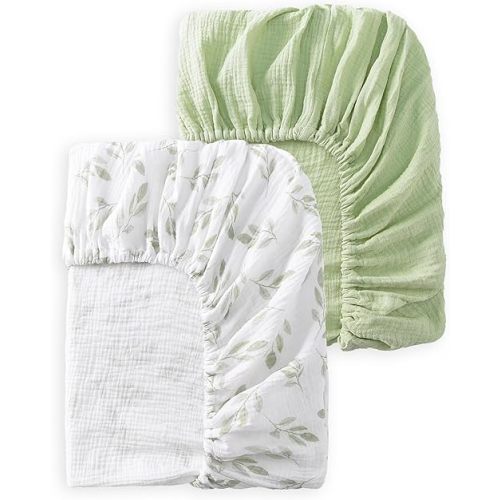 Baby Crib Sheets 2 PCS, 100% Organic Cotton Crib Sheet for Standard Crib Mattress(52”x 28”), Fitted and Soft Breathable Muslin Crib Mattress Sheet for Girl and Boy (Leaves, Green)