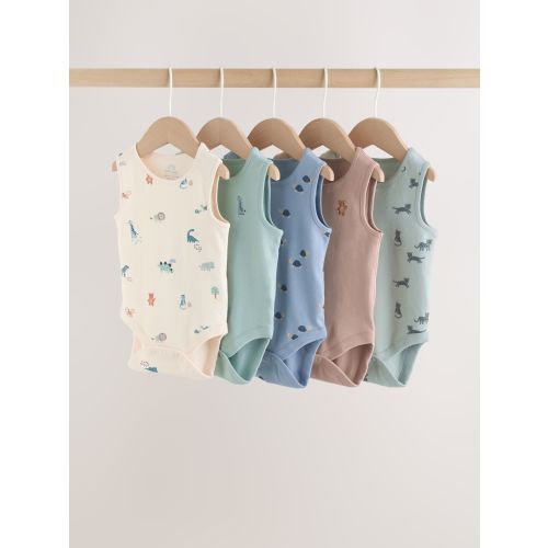 Teal Blue Miniprint Baby Vests 5 Pack