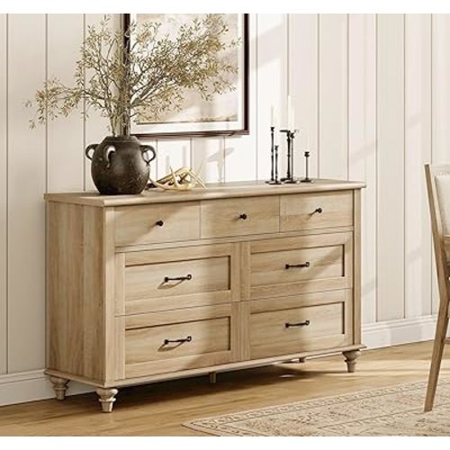 WAMPAT Farmhouse 7 Drawers Dresser for Bedroom, Wide Chest of Drawers Kids Dresser with Solid Wood Legs, Rustic Storage Dressers Organizer for Living Room & Kids Room, Oak, 54 Inch