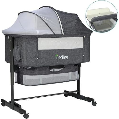 Baby Bassinet, Bedside Sleeper with Wheels, Aluminum Alloy Frame Bedside Bassinet with Changing Station, Mattress, Canopy and Storage Basket, 5 Adjustable Heights, Gray Bedside Bassinet for Baby