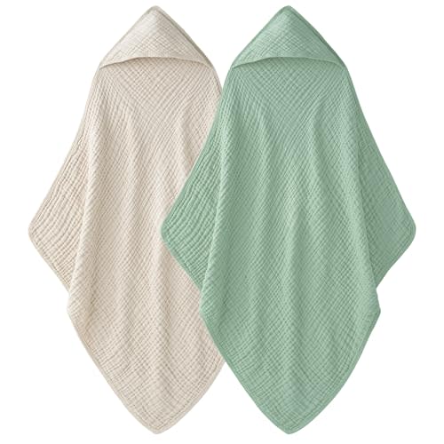 Unnivoll Hooded Baby Towels for Newborn - 2 Pack, 100% Muslin Cotton, Baby Bath Towels with Hood, Soft and Absorbent for Boys, Girls Infant, Toddler and Kids, Large 32x32 Inches, Newborn Essential