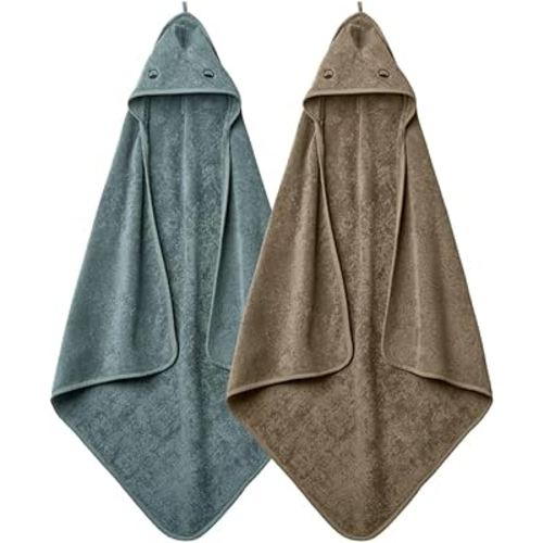 Baby Hooded Towel – Organic Cotton Baby Bath Towels, 32" x 32" Super-Soft and Absorbent Baby Towels for Newborn 2-Pack (Dino Green/Tradewinds)
