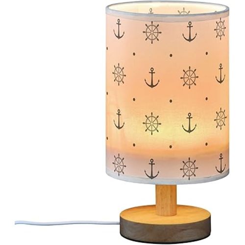 Anchor Wheel Polka Dot Nautical Retro Pattern Table Lamp with Wood Base Fabric Lamp Shade Bedside Nightstand Desk Lamp for Living Room Bedroom Kids Room Office