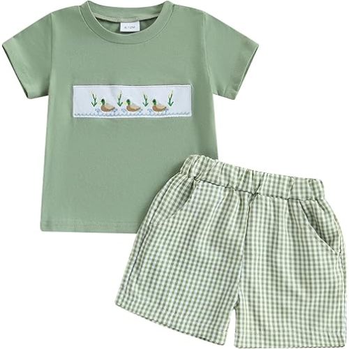Toddler Baby Boy Hunting Outfit Summer Short Sleeve Mallard Duck T-shirt Checkered Plaid Shorts Two Piece Clothes