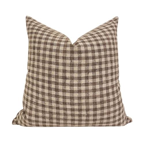 MABEL || Designer Brown Gingham Linen Pillow Cover, Check Pillow, Gingham Pillow, Brown Pillow, Brown and Cream, 12x20 only
