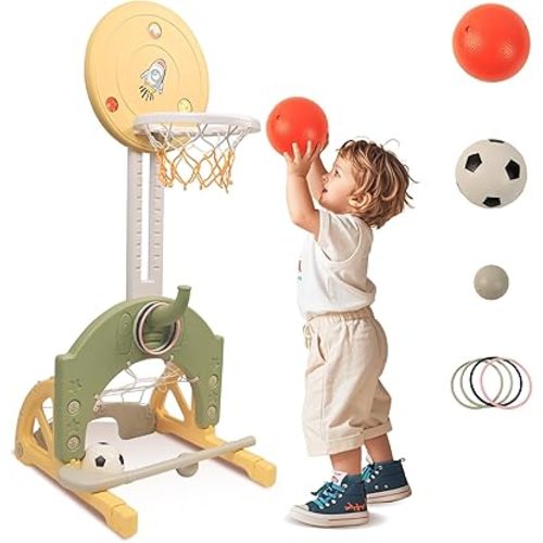 4-in-1 Toddler Basketball Hoop Adjustable Height Indoor Outdoor Sports Center for Kids Aged 1-3 Basketball, Soccer, Hockey & Ring Toss, Yellow and Green