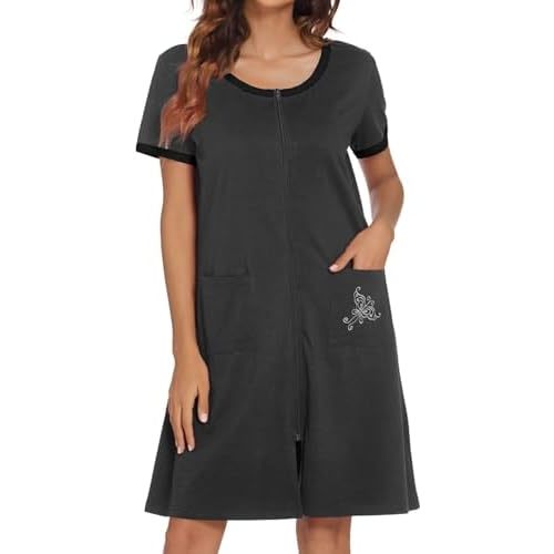 Ekouaer Women Zipper Front House Coat Short Sleeves Robe Zip Up Bathrobes Short Nightgown with Pockets S-3XL