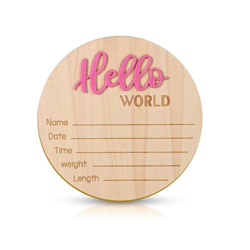 Baby Announcement Sign, 5.9 Inch Wooden Hello World Newborn Welcome Sign Birth Baby Name Plaques for Photo Props Baby Shower Hospital Nursery (Pink)