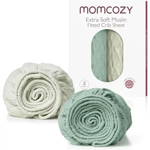 Momcozy Muslin Standard Fitted Crib Sheets, 52"x28", 2 Pack Soft Breathable Natural Cotton Baby Mattress Sheet, 360° Mattress Wrapping No Slip Boys Girls Neutral Toddler Bed Sheet, Light Green Grey