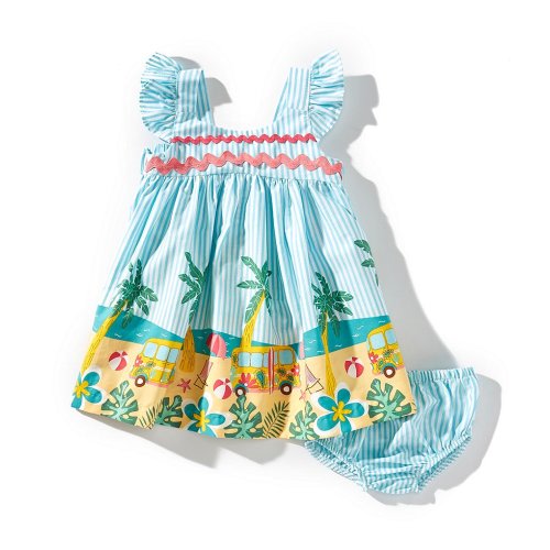 Bonnie Jean Baby Girls Flutter-Sleeve Striped/Beach-Printed Empire-Waist Dress