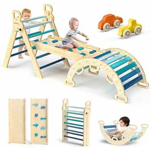 Pikler Triangle Set 7in1 Foldable Baby Climbing Toys Wooden Montessori Climbing Set with Arch&Ramp&Ladder Baby Climber Indoor Jungle Gyms for Toddlers Montessori Toys - Sky Blue