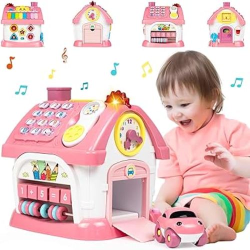 Toys for 1+ Year Old Girls, Montessori Toddlers Toys with Sound/Lights/Music/Clock/Telephone/Car 6 in 1 Multi-Functional House, Early Educational Birthday Gift for Girl and Boy