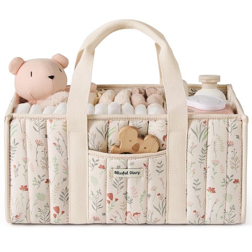 Blissful Diary Floral Diaper Caddy Organizer, Stylish Nursery Storage Basket, Gift for Baby Shower, Newborn Essentials, Floral Beige