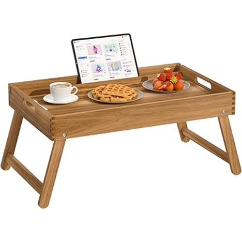 22"x14" Acacia Wood Folding Bed Tray Table, Extra Large Breakfast in Bed Tray with Raised 7.9" Leg Space, Foldable Legs, Tablet & Phone Slots, Cable Grooves, Food Tray for Bed