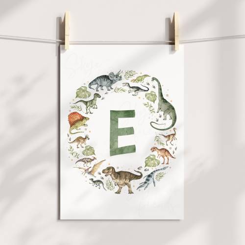 Dinosaur Theme Nursery Baby Gift, Watercolor Dinosaur Monogram Print in Green, Unframed