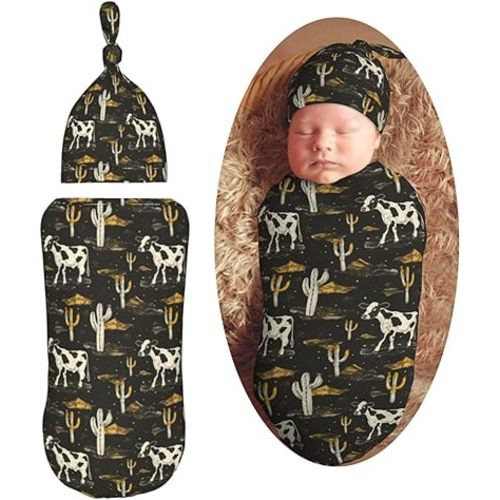 Western Cow and Cactus Newborn Swaddle Blankets Hat Sets Soft Baby Receiving Blanket Swaddle Sack for Baby Shower Infant Boy Girl Gift