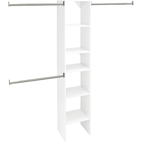 ClosetMaid SuiteSymphony Wood Closet Organizer Starter Kit with Tower and 3 Hang Rods, Shelves, Adjustable, Fits Spaces 4 – 9 ft. Wide, Engineered Wood, Pure White, 16"