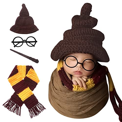 Newborn Photography Props Halloween Wizard Witch Hat Scarf Wand Glasses Frame 4 PCS Set Crochet Baby Photo Prop Halloween Baby Photoshoot Props Halloween Magic Party Cosplay Set