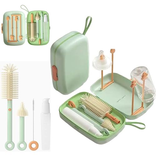 Travel Baby Bottle Cleaning Kit, 7in1 Extendable Silicone Travel Bottle Brush Set & Drying Rack, Nipple, Straw, & Breast Pump Portable Cleaning, wd Soap Dispenser & Organizer Case, Gift for Mom - Green
