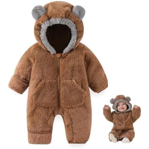 Newborn Baby Bear Outfit Suit With Fold-Over Mittens Footies Girls Boys Winter Fleece Clothes Hooded Romper Snowsuit