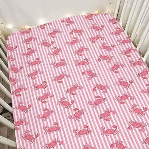 Pink Crab Stripes Crib Sheets