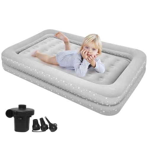 Air Mattress for Kids 4-7 Years - Toddler Travel Bed with Built-in Pump, Sides for Safety, Ultra Soft Plush Surface - Portable Kids Sleeping Pad for Camping, Hotels, Sleepovers & Grandparents' House