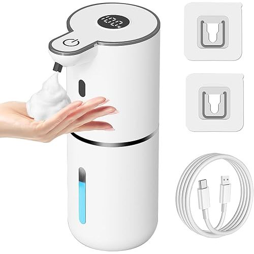 Automatic Foaming Soap Dispenser Touchless, USB Rechargeable Smart Hand Soap Dispenser, 6-Level Adjustable, 12.8oz/380mL Wall Mounted for Bathroom Kitchen Dish Soap-White