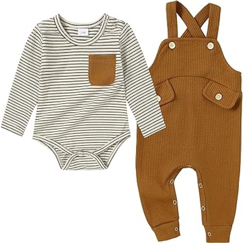 CARETOO Newborn Baby Boy Clothes Infant Boy Romper Fall Winter Outfits Bodysuit 2Pcs Striped Long Sleeve Top Overalls 0-18M