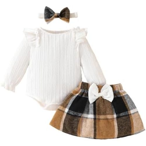 Newborn Baby Girl Outfits Christmas Long Sleeve Romper Bodysuit With Plaid Skirt Bows Infant Fall Winter Clothes