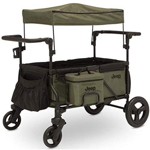 Jeep Deluxe Wrangler Stroller Wagon by Delta Children - Includes Cooler Bag, Parent Organizer and Car Seat Adapter, Black/Green