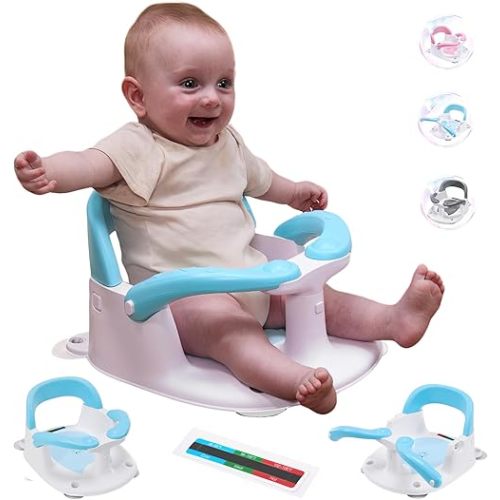 Baby Bath seat for Babies 6 Months & up, 360° Stable Toddler Bath Chair with one-Touch Button, Back Hollow Design, Water Temperature Card & 4 Suction Cups for Safety (Blue)