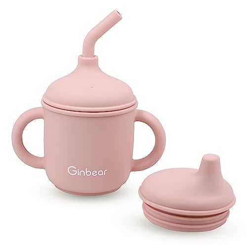 Ginbear 2-in-1 Sip-N-Straw Baby Cup, Spill Proof Non-toxic BPA Free Food Grade Silicone Training Transition Sippy Cup for Toddler 6 Months+ (Pink)